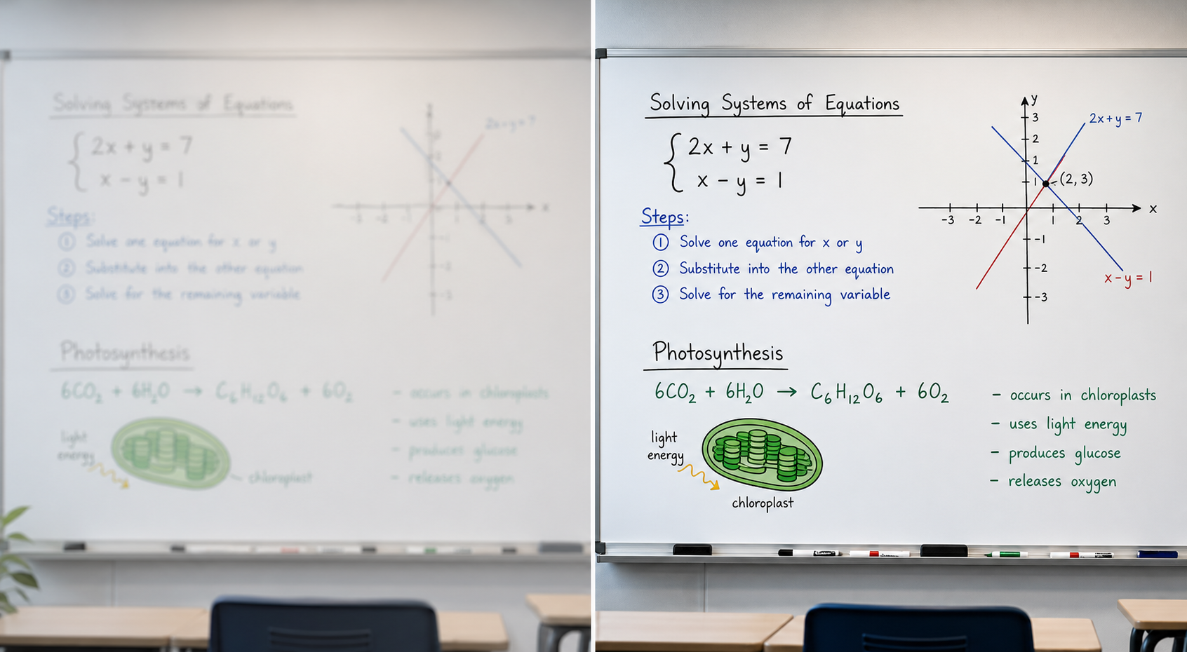 Side-by-side whiteboard comparison showing blurry low-vision appearance on one side and a clean enhanced board on the other