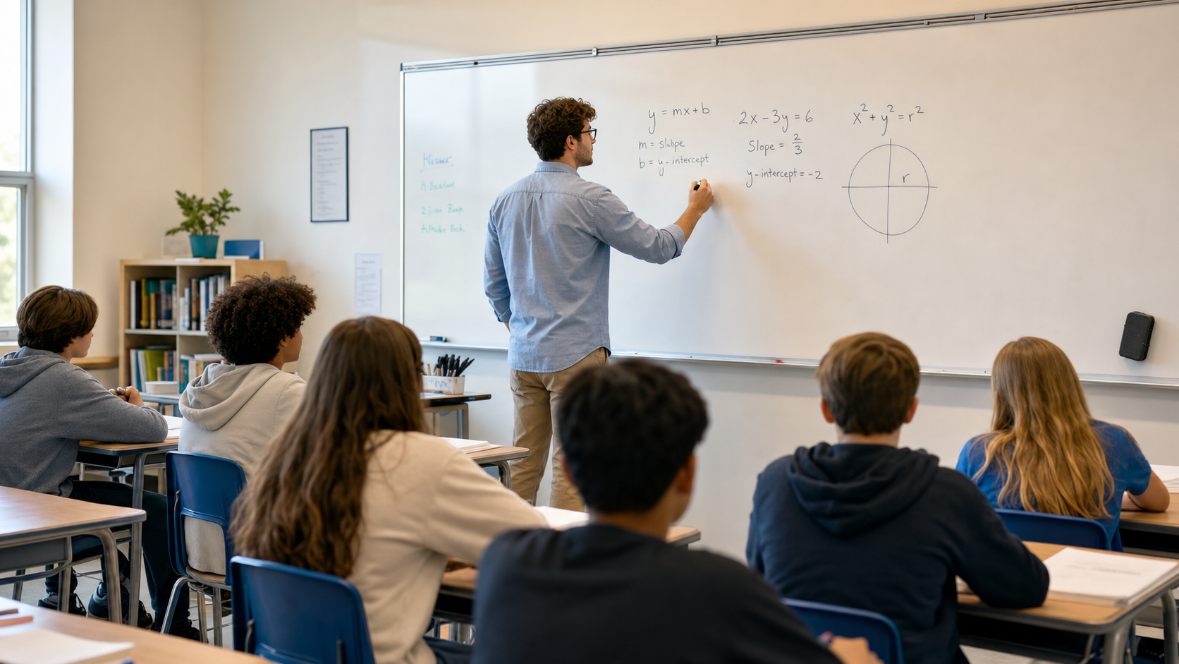 Students seated in a classroom while a teacher writes on the whiteboard